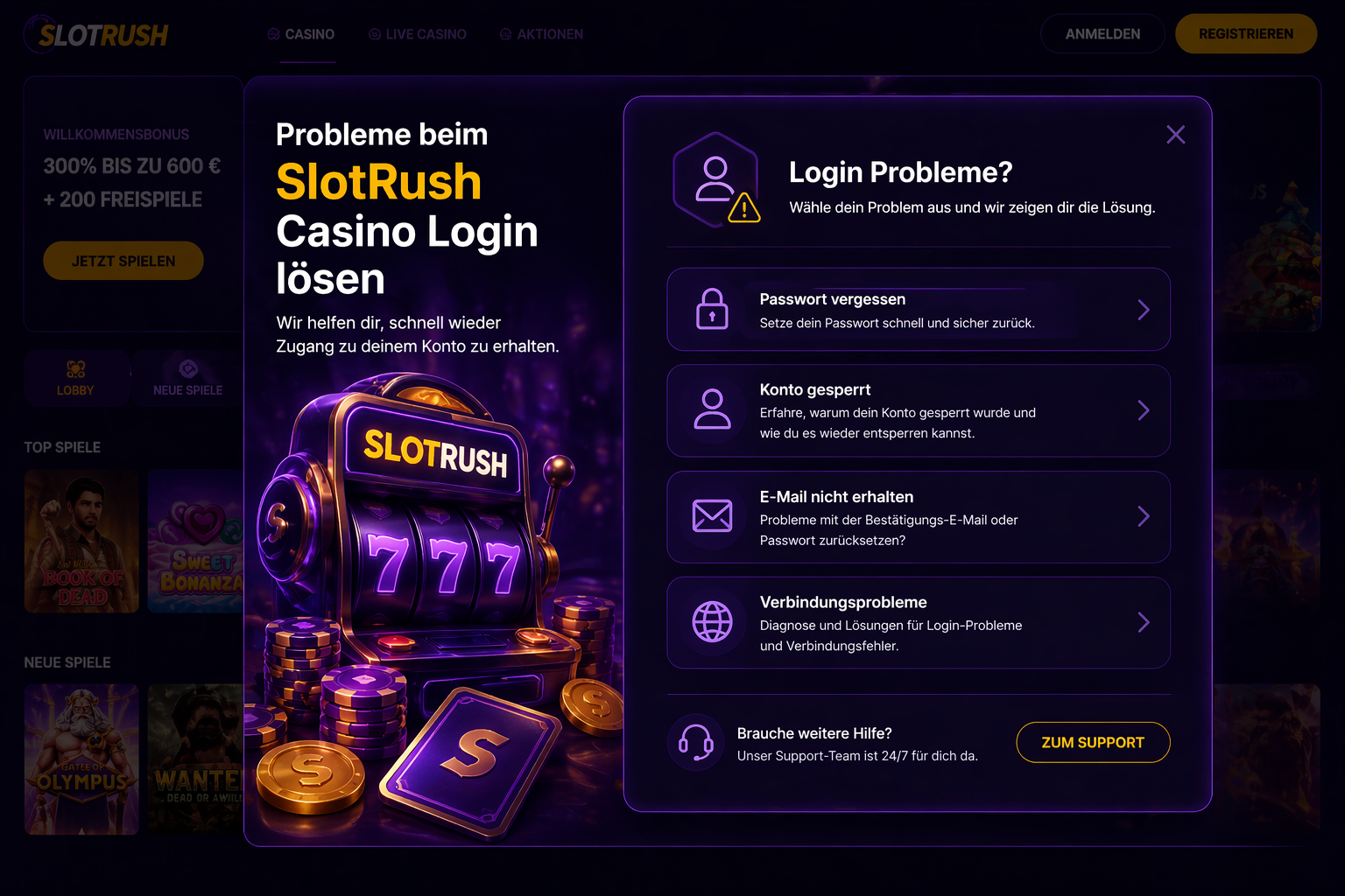 SlotRush Casino Login Probleme lösen